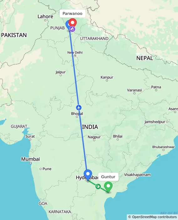 Route map showing distance and travel time from Guntur, India to Parwanoo, India