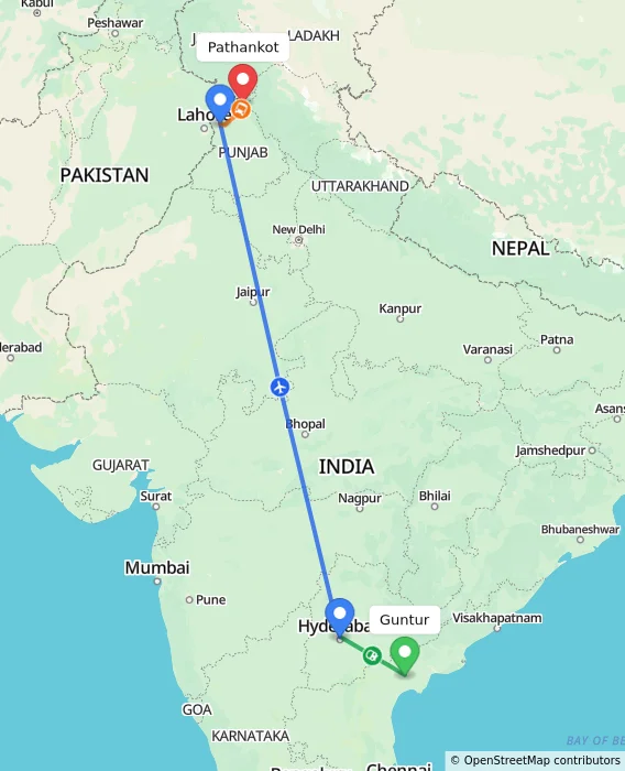 Route map showing distance and travel time from Guntur, India to Pathankot, India