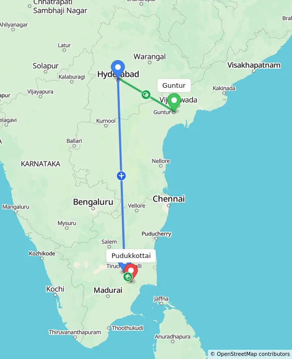 Route map showing distance and travel time from Guntur, India to Pudukkottai, India
