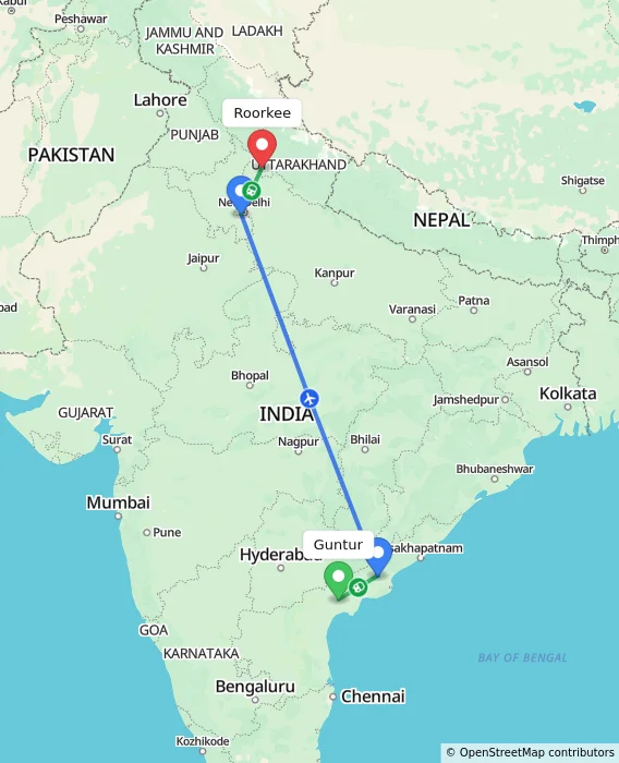 Route map showing distance and travel time from Guntur, India to Roorkee, India