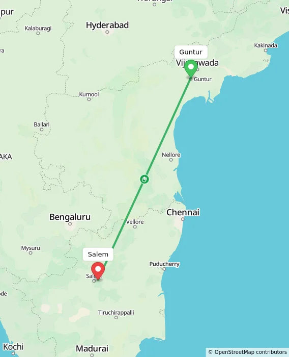 Route map showing distance and travel time from Guntur, India to Salem, India