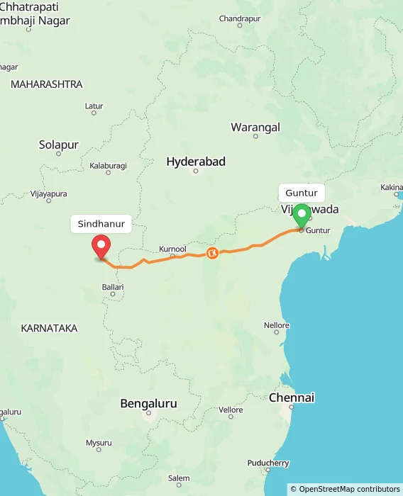 Route map showing distance and travel time from Guntur, India to Sindhanur, India