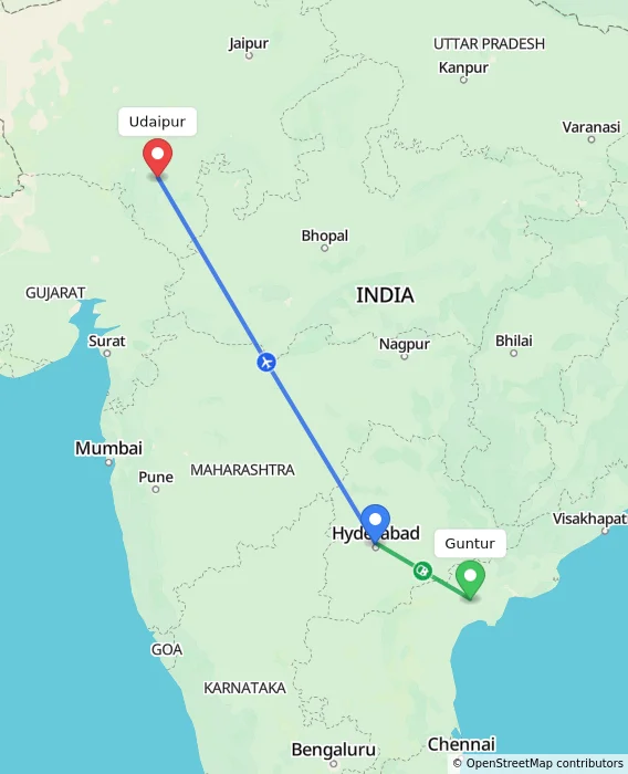 Route map showing distance and travel time from Guntur, India to Udaipur, India