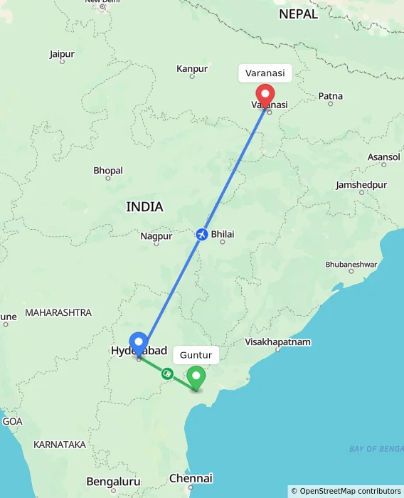 Route map showing distance and travel time from Guntur, India to Varanasi, India