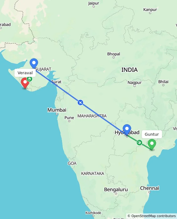 Route map showing distance and travel time from Guntur, India to Veraval, India