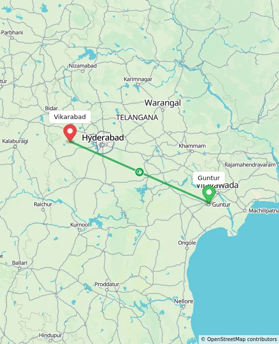 Route map showing distance and travel time from Guntur, India to Vikarabad, India