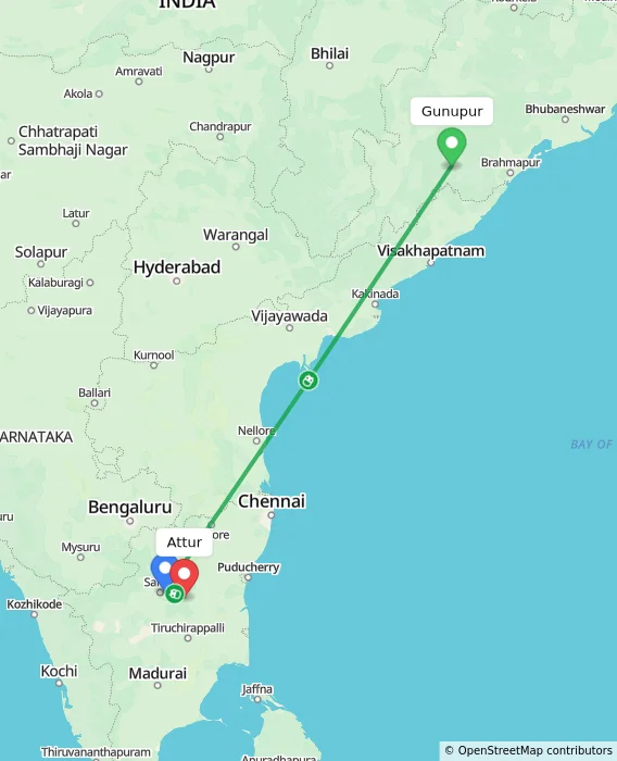 Route map showing distance and travel time from Gunupur, India to Attur, India