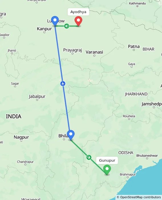Route map showing distance and travel time from Gunupur, India to Ayodhya, India