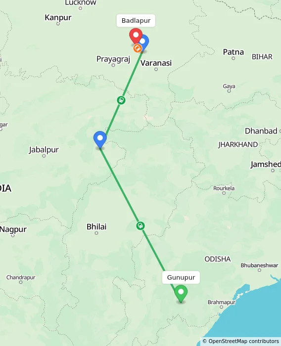 Route map showing distance and travel time from Gunupur, India to Badlapur, India