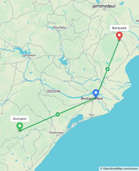 Route map showing distance and travel time from Gunupur, India to Baripada, India