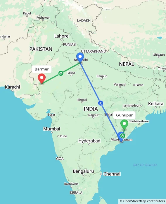 Route map showing distance and travel time from Gunupur, India to Barmer, India