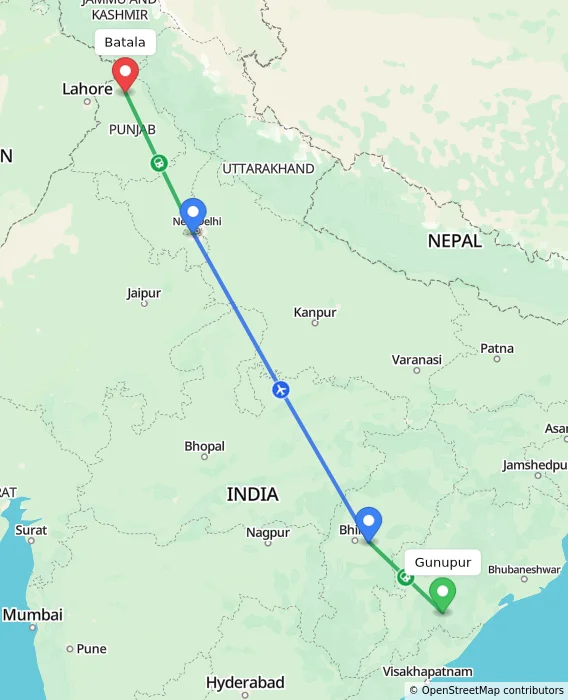 Route map showing distance and travel time from Gunupur, India to Batala, India
