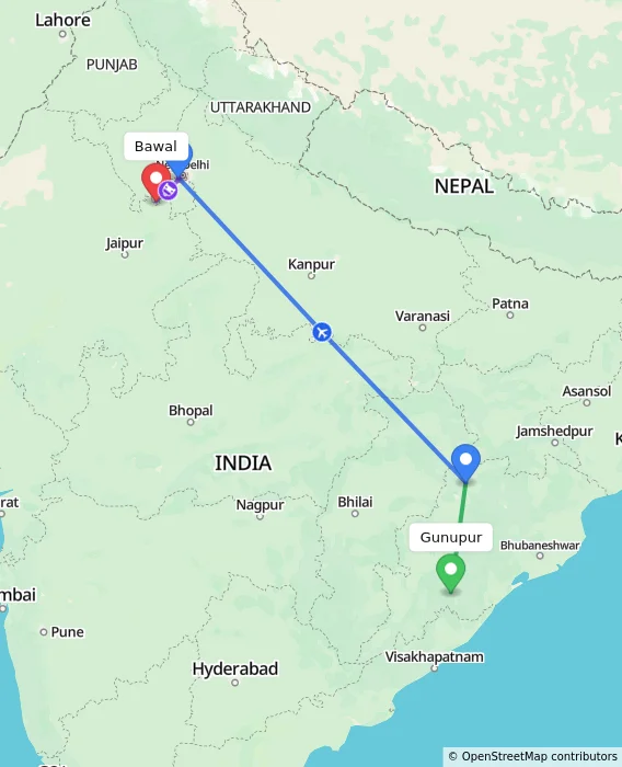 Route map showing distance and travel time from Gunupur, India to Bawal, India