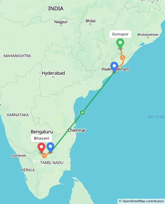 Route map showing distance and travel time from Gunupur, India to Bhavani, India