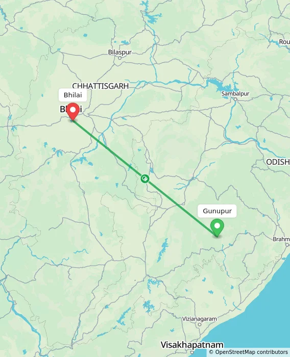 Route map showing distance and travel time from Gunupur, India to Bhilai, India