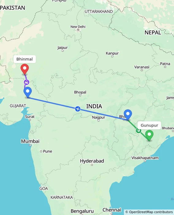 Route map showing distance and travel time from Gunupur, India to Bhinmal, India