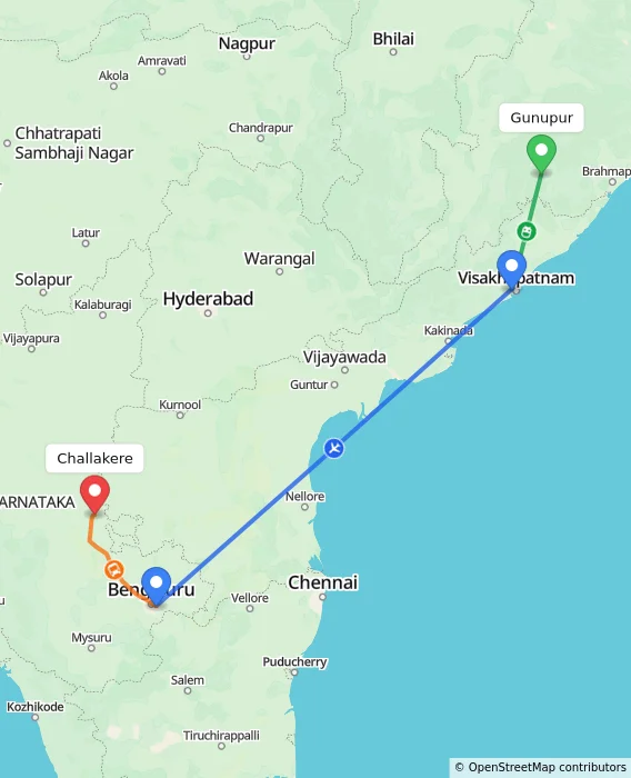 Route map showing distance and travel time from Gunupur, India to Challakere, India