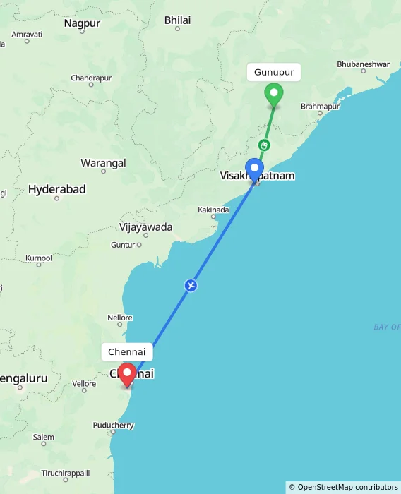 Route map showing distance and travel time from Gunupur, India to Chennai, India