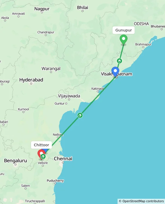 Route map showing distance and travel time from Gunupur, India to Chittoor, India