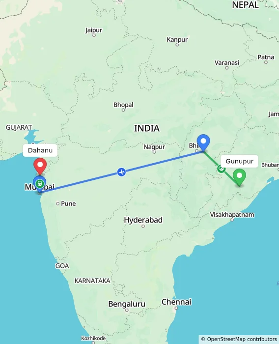 Route map showing distance and travel time from Gunupur, India to Dahanu, India