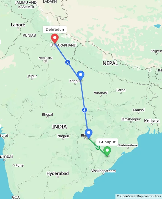 Route map showing distance and travel time from Gunupur, India to Dehradun, India
