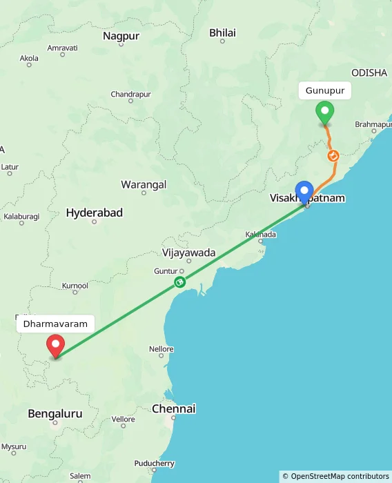 Route map showing distance and travel time from Gunupur, India to Dharmavaram, India