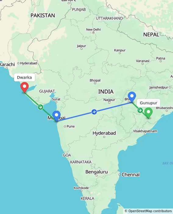 Route map showing distance and travel time from Gunupur, India to Dwarka, India