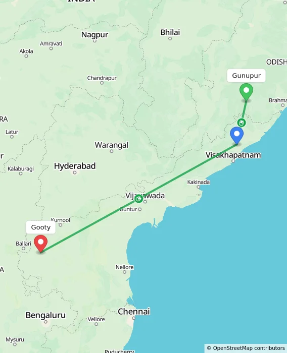 Route map showing distance and travel time from Gunupur, India to Gooty, India