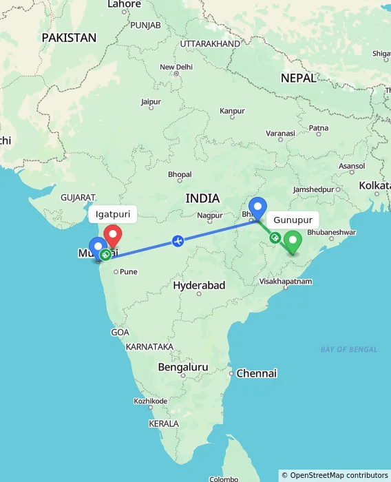 Route map showing distance and travel time from Gunupur, India to Igatpuri, India