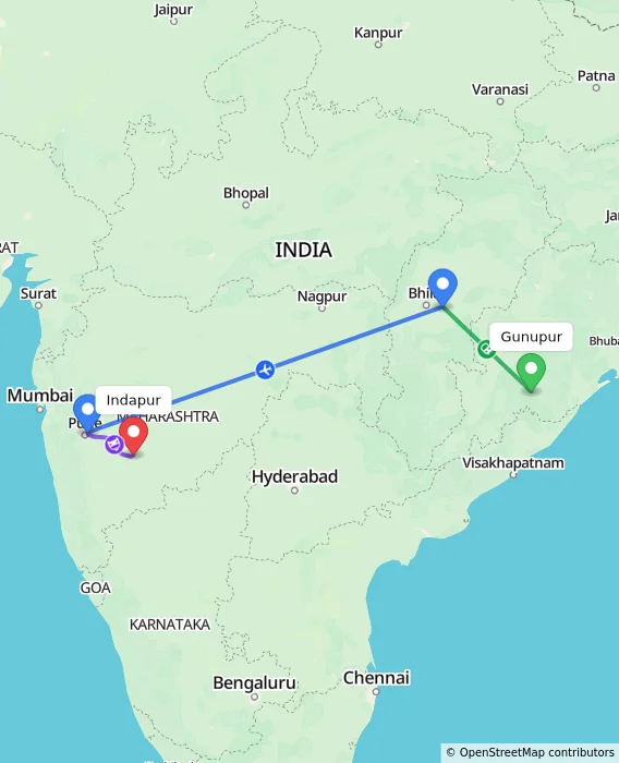 Route map showing distance and travel time from Gunupur, India to Indapur, India