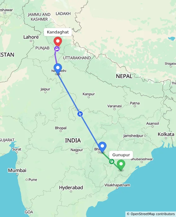 Route map showing distance and travel time from Gunupur, India to Kandaghat, India