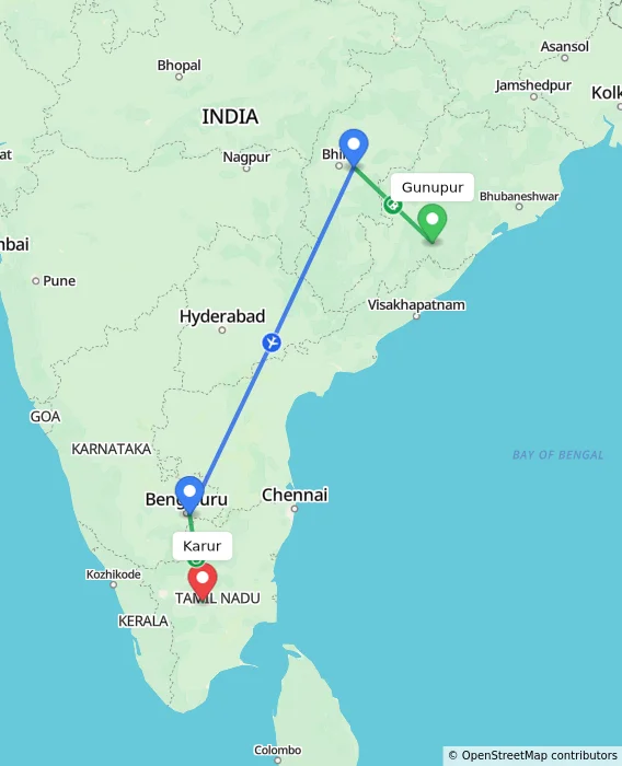 Route map showing distance and travel time from Gunupur, India to Karur, India