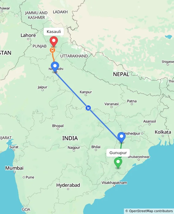 Route map showing distance and travel time from Gunupur, India to Kasauli, India