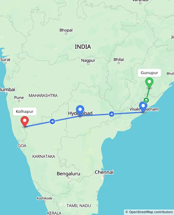 Route map showing distance and travel time from Gunupur, India to Kolhapur, India