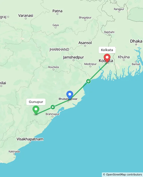 Route map showing distance and travel time from Gunupur, India to Kolkata, India
