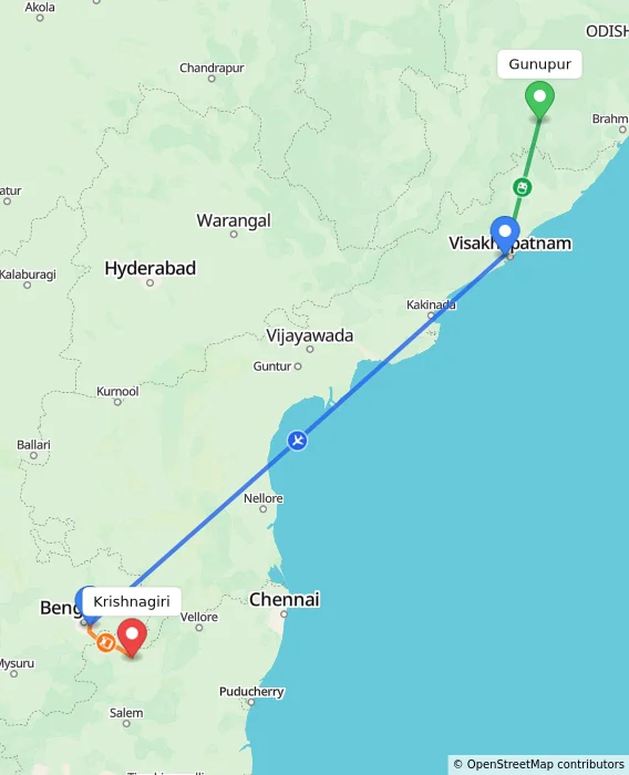 Route map showing distance and travel time from Gunupur, India to Krishnagiri, India