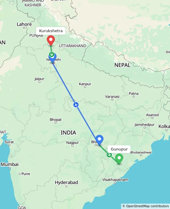 Route map showing distance and travel time from Gunupur, India to Kurukshetra, India