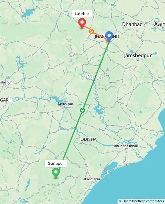 Route map showing distance and travel time from Gunupur, India to Latehar, India