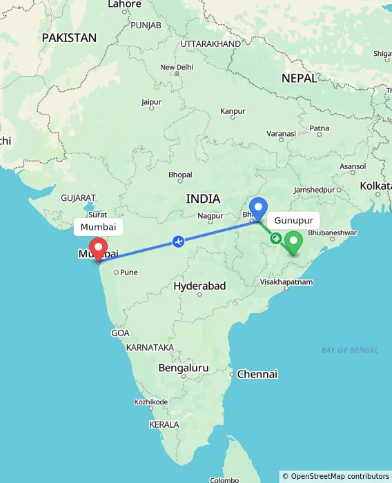 Route map showing distance and travel time from Gunupur, India to Mumbai, India