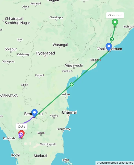Route map showing distance and travel time from Gunupur, India to Ooty, India