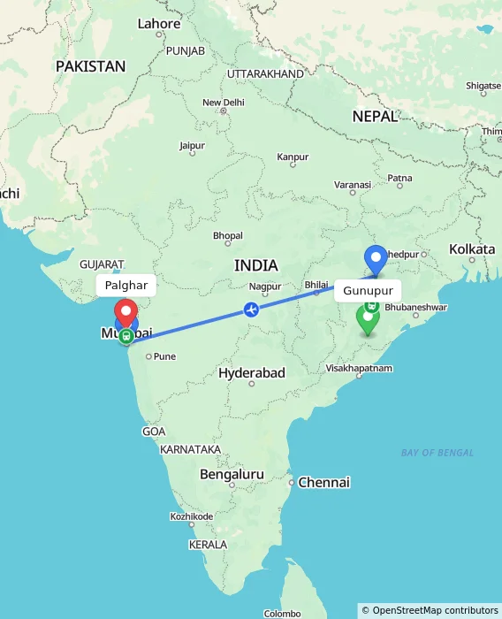 Route map showing distance and travel time from Gunupur, India to Palghar, India