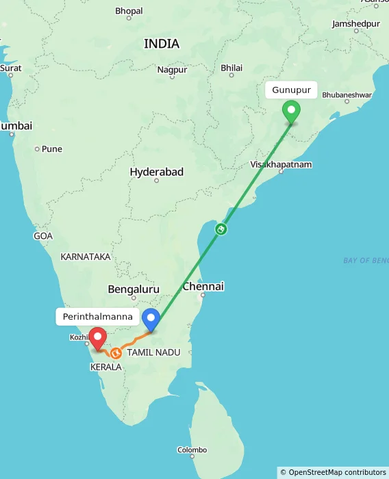 Route map showing distance and travel time from Gunupur, India to Perinthalmanna, India