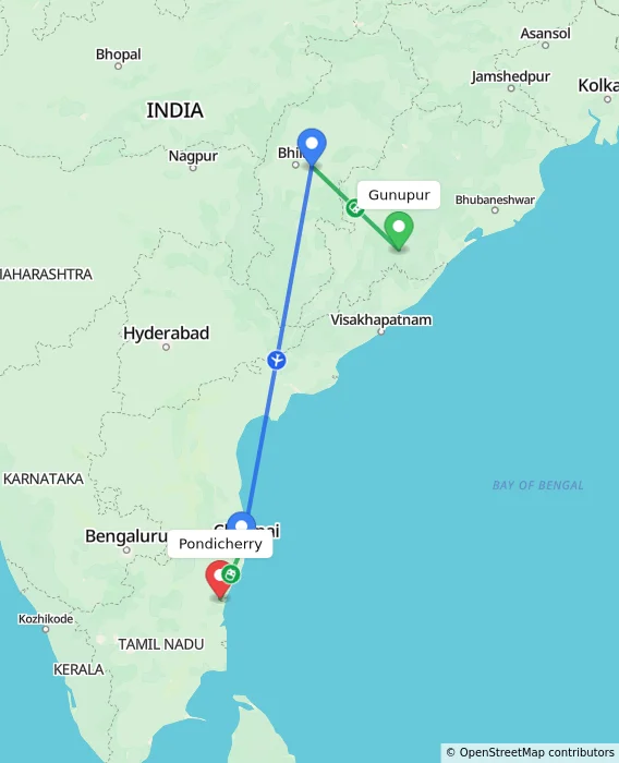 Route map showing distance and travel time from Gunupur, India to Puducherry, India