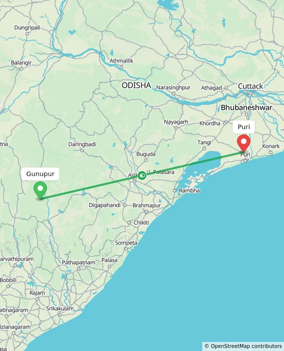 Route map showing distance and travel time from Gunupur, India to Puri, India