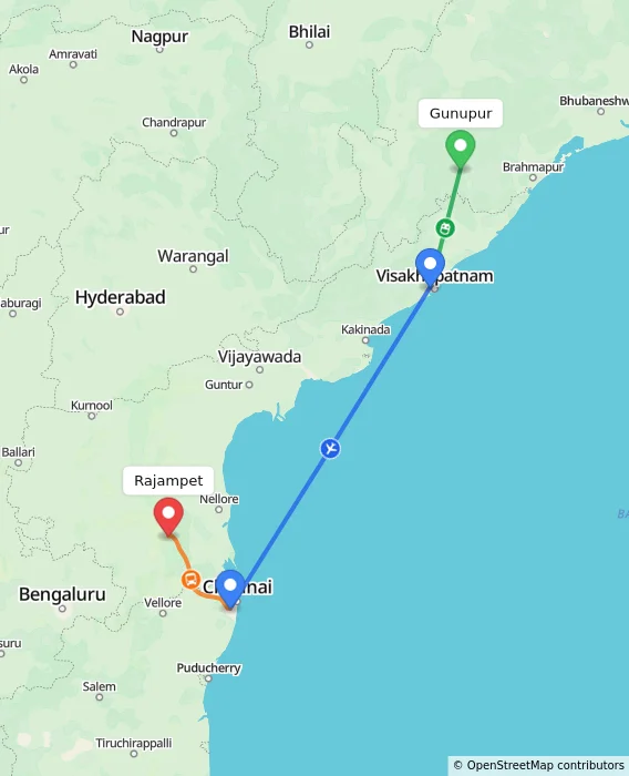 Route map showing distance and travel time from Gunupur, India to Rajampet, India