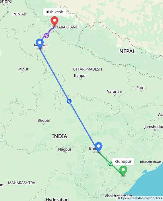 Route map showing distance and travel time from Gunupur, India to Rishikesh, India