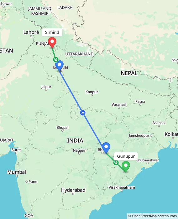 Route map showing distance and travel time from Gunupur, India to Sirhind, India