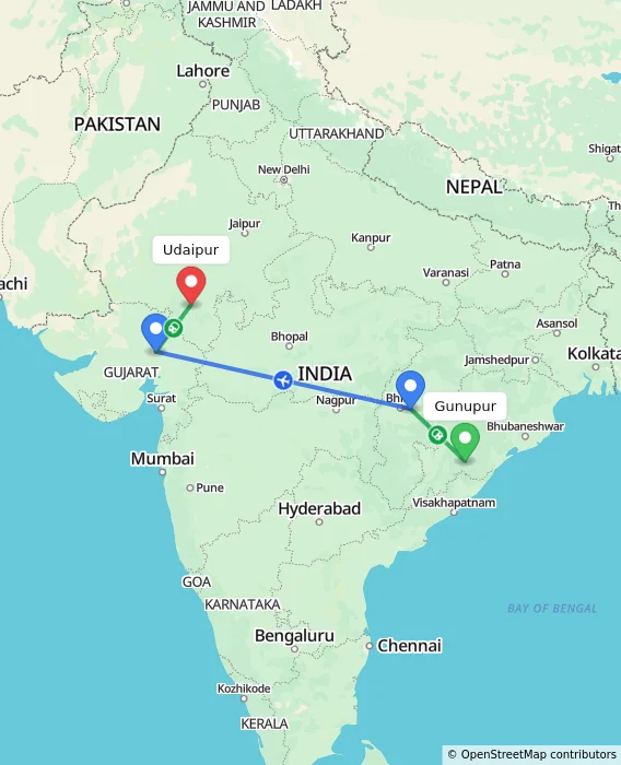 Route map showing distance and travel time from Gunupur, India to Udaipur, India