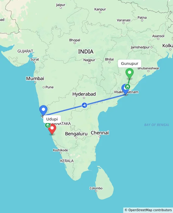 Route map showing distance and travel time from Gunupur, India to Udupi, India