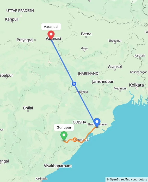 Route map showing distance and travel time from Gunupur, India to Varanasi, India